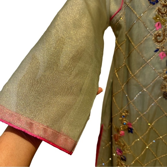 Pakistani Tissue Olive with multi colors dress size Medium - Picture 4 of 4